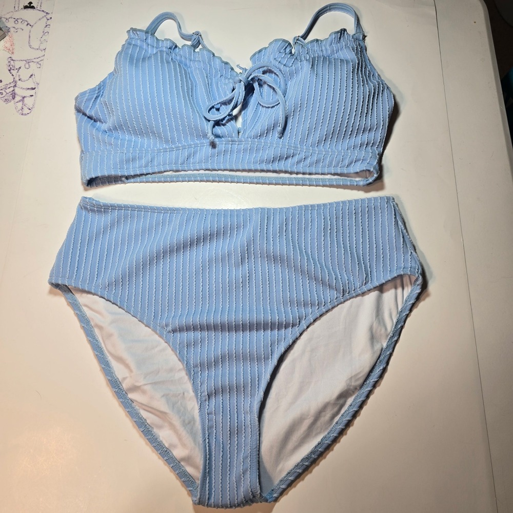 BMJL Womens Ribbed High‎ Waisted Bikini Set Light Blue Lace Up Ruffle XL NWT